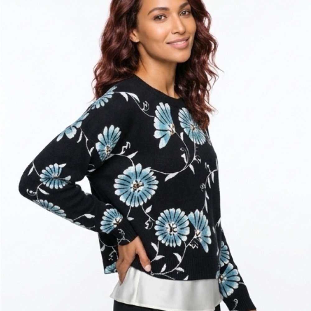 LOFT Black Crewneck Sweater with Blue Floral Motif - Picture 2 of 8